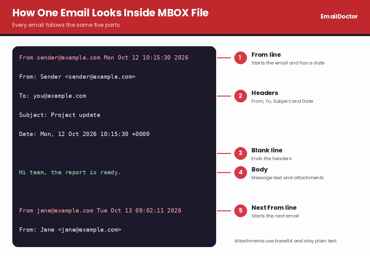From line, headers, blank line and body in MBOX format