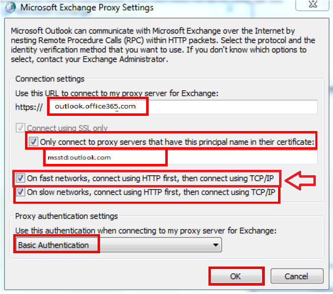 Microsoft Exchange Proxy Settings finish