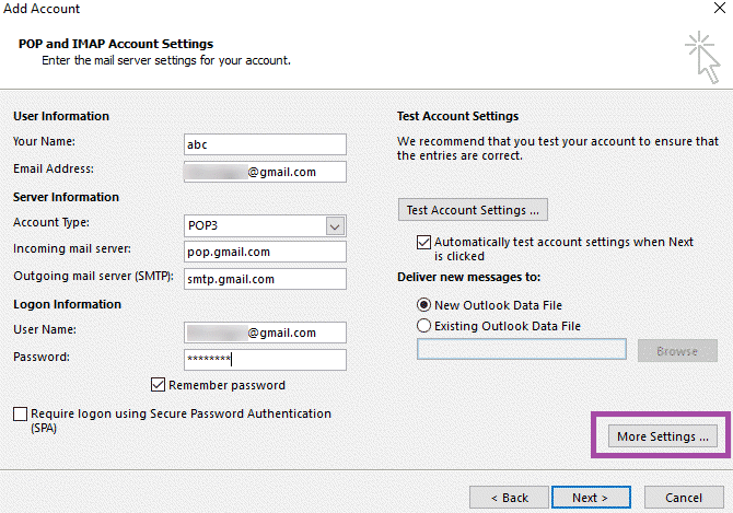 email account in outlook