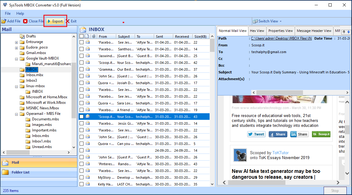 preview data to thunderbird export to pst