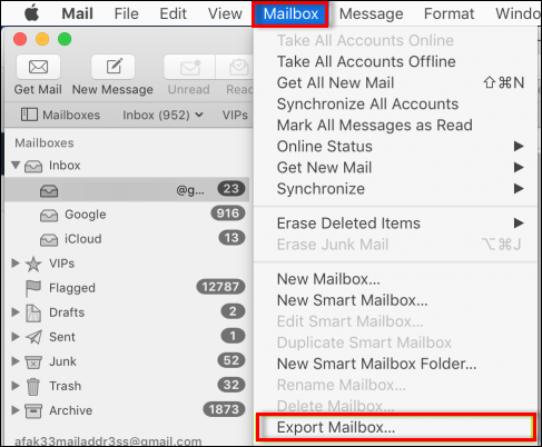 click on Mailbox and select Export Mailbox