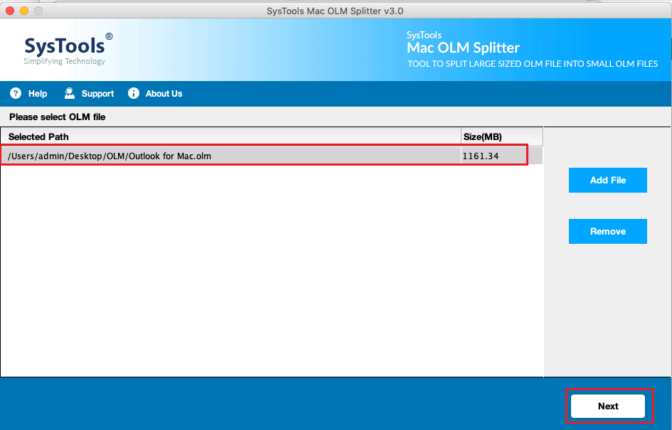 split olm file by size