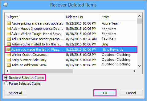 restore selected items