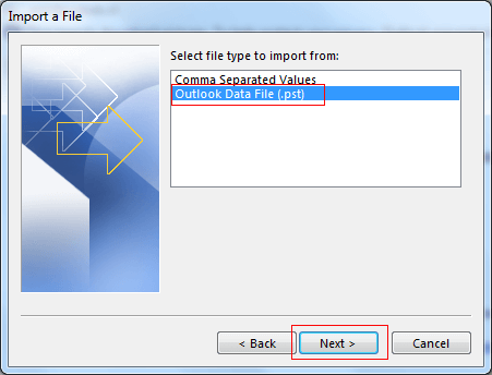 select outlook data file