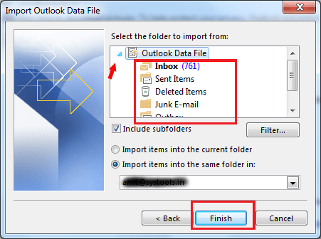select the folder to import pst into