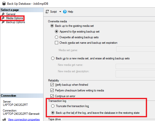 Different Types of Backups in SQL Server - enable tail log