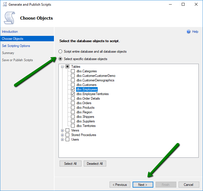 choose objects to export