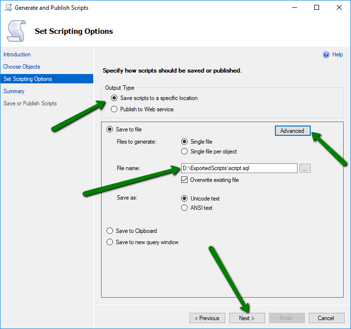 choose save script as output type