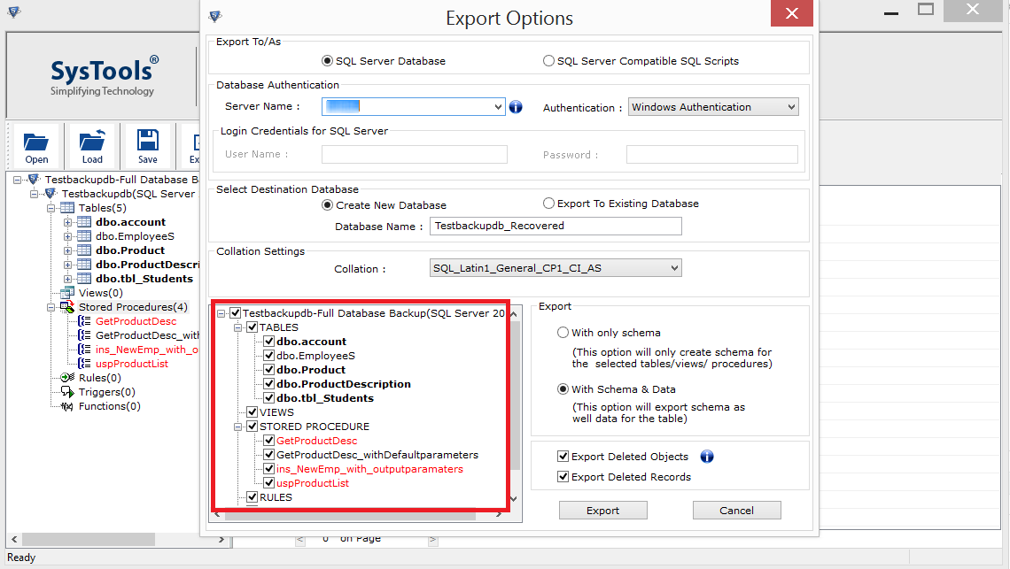 restore data from .dbs file dbschema