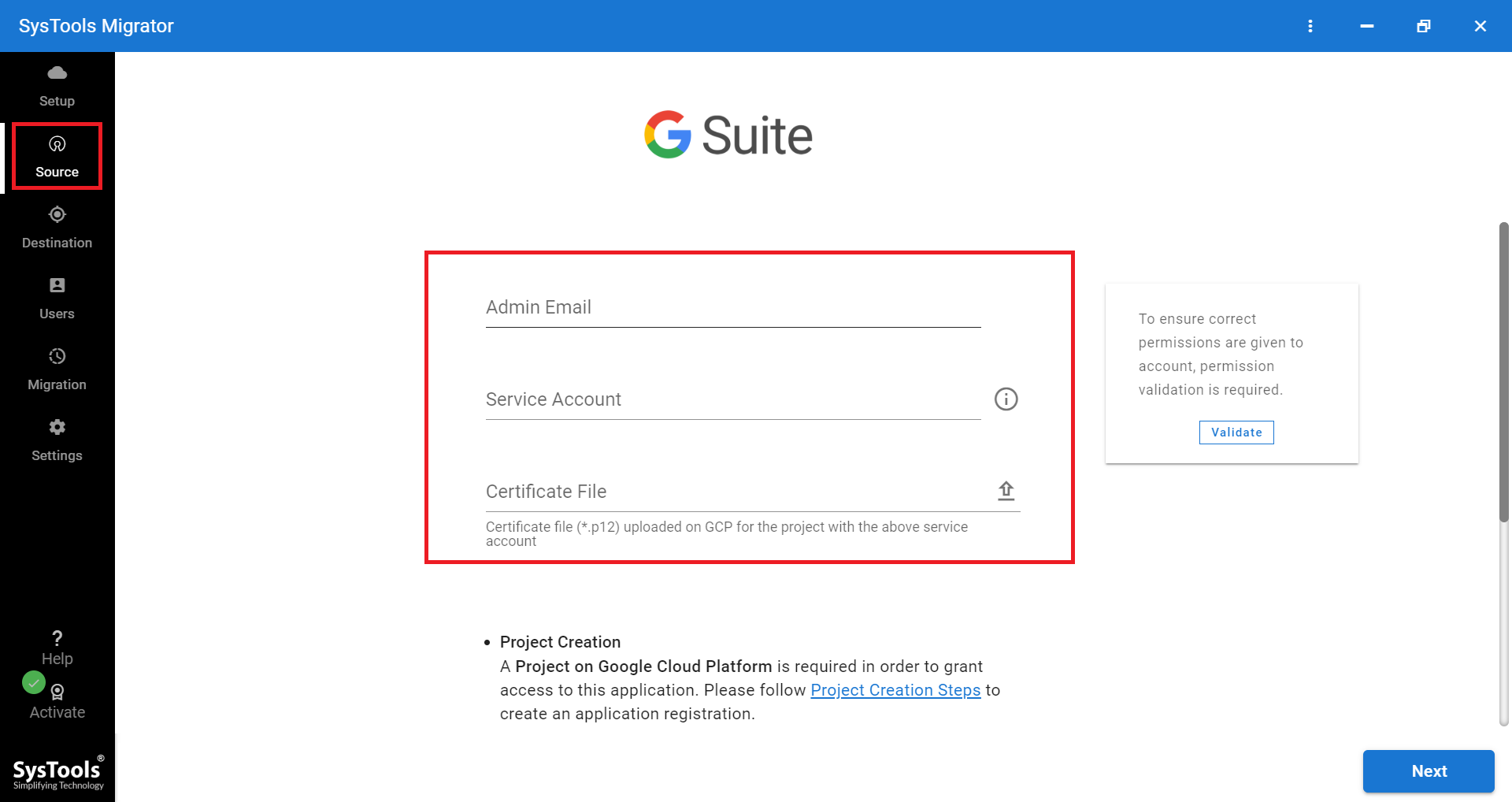 fill details of source admin