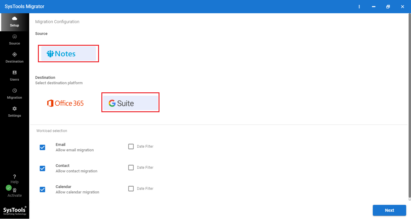 Select source and destination platform