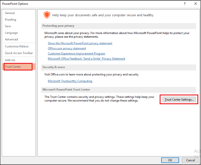 Click Trust Center Settings.