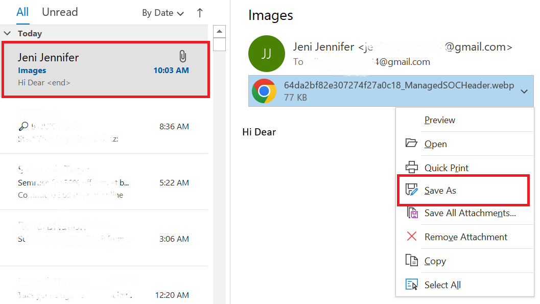 click save as to Download All Image Attachments in Outlook 