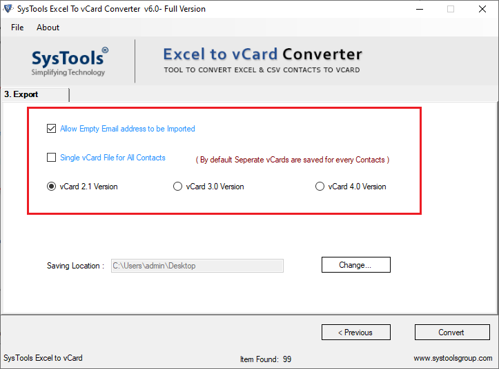 choose the vCard version