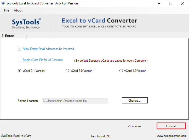 convert csv to vcard