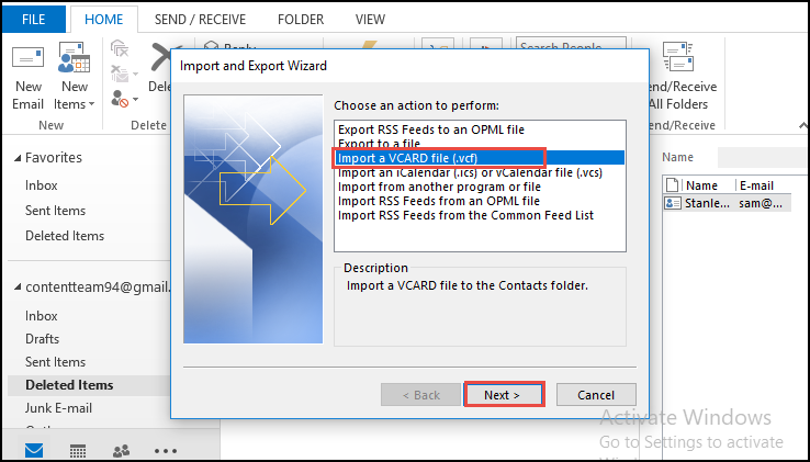 add vcard to Outlook