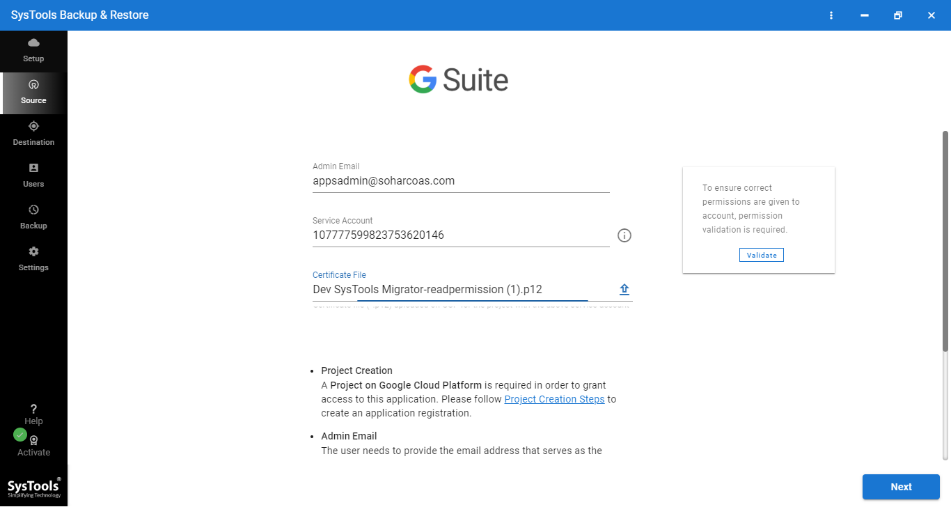 add credential to backup g suite data