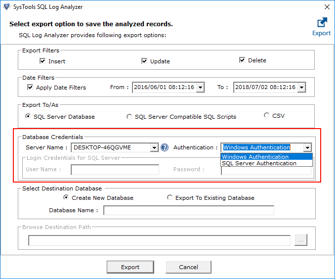 enter database credentials