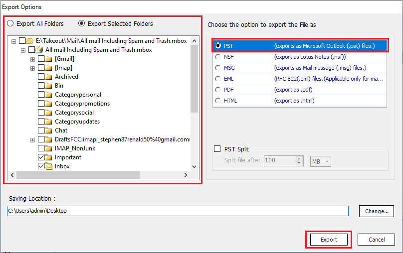 export google takeout to pst