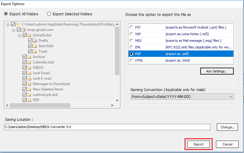use export button to start Thunderbird to PDF conversion