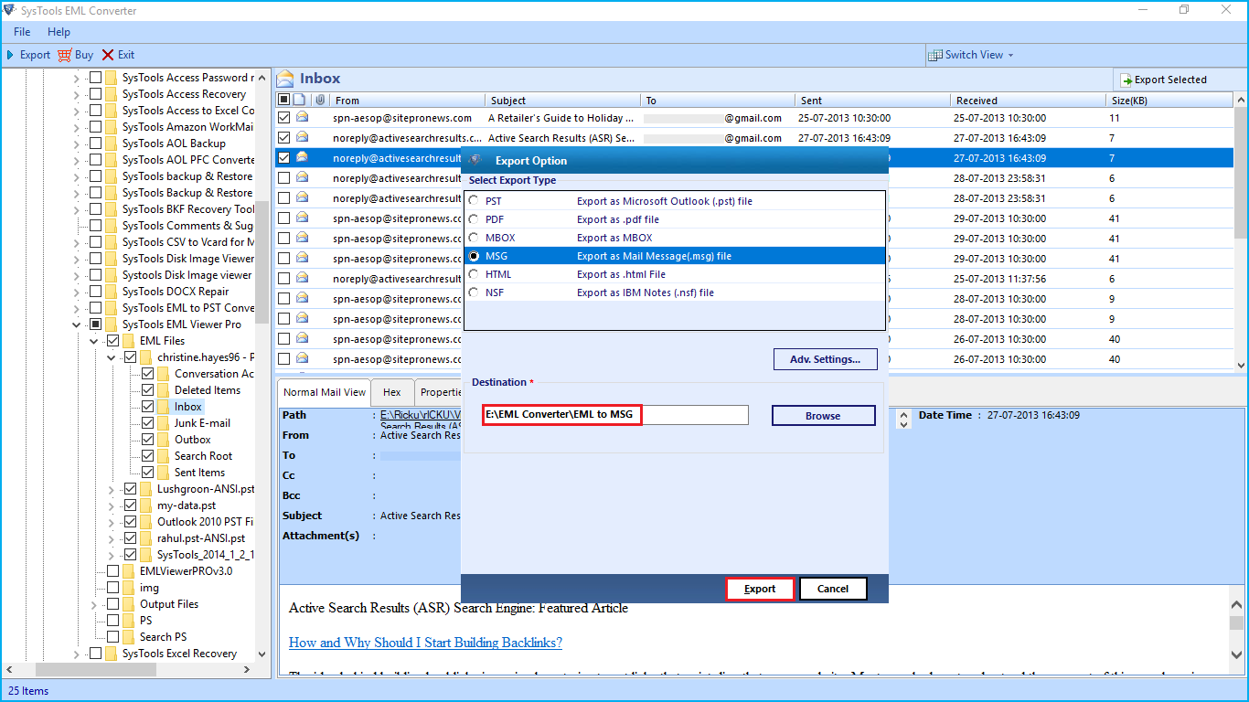 start export process