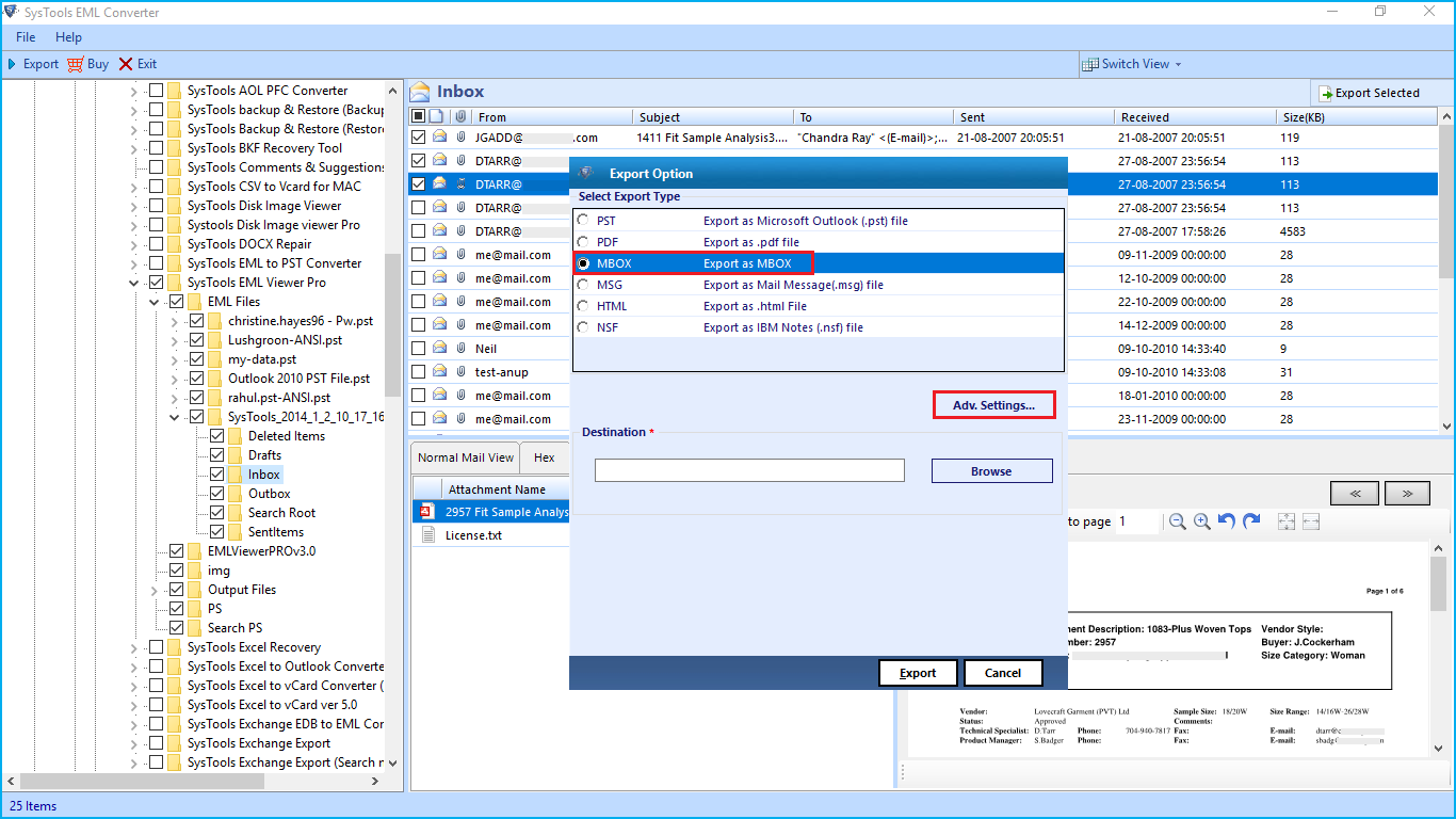 select mbox format