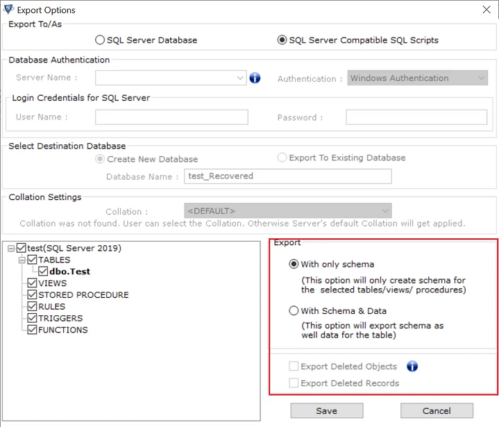 export sql schema