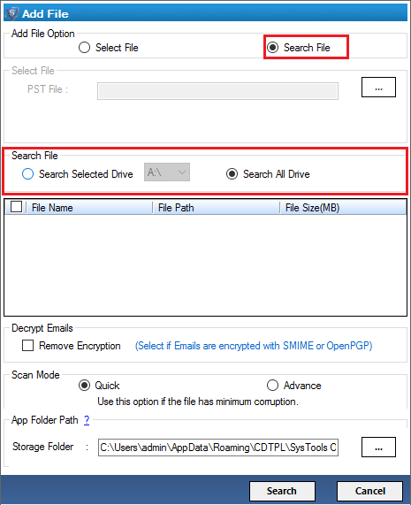 search outlook email file