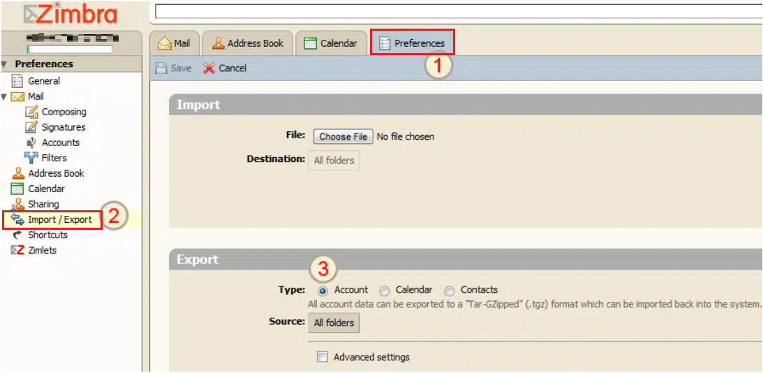 export emails from zimbra webmail