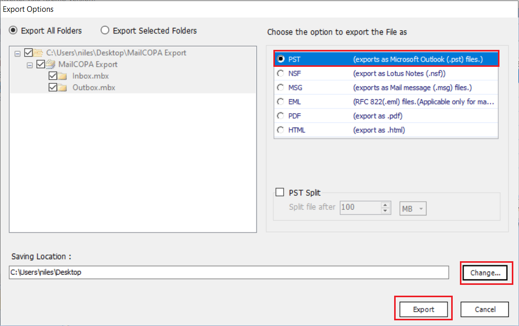 select outlook pst