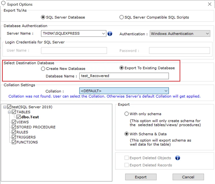 export to existing DB