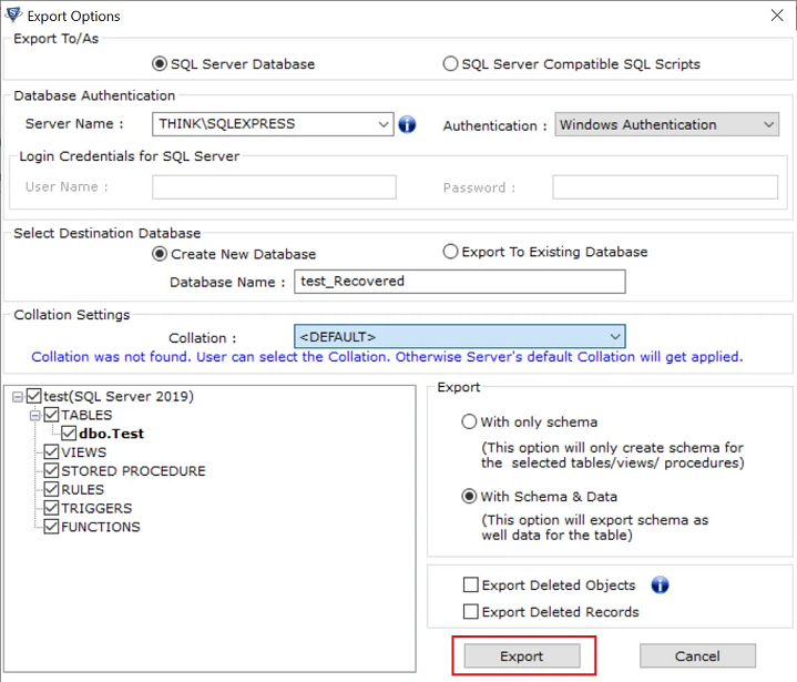 export to live database