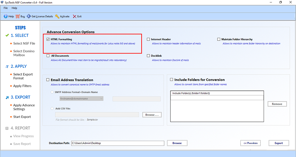 apply the Advance conversion options