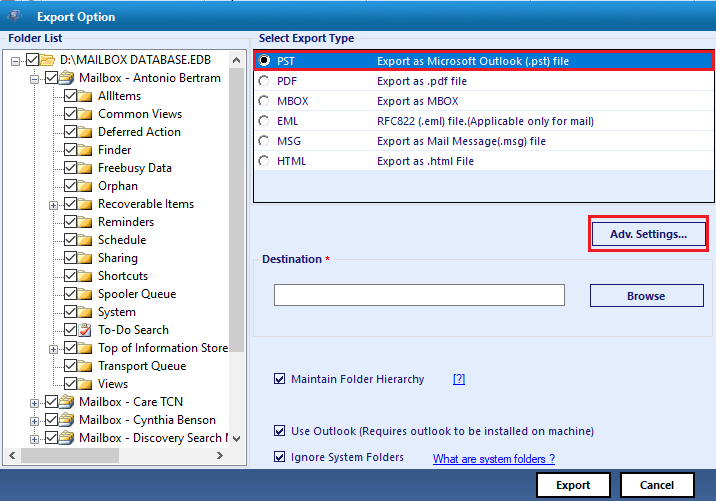 Select advanced settings