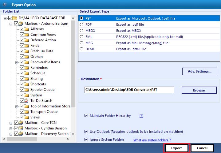 export exchange emails