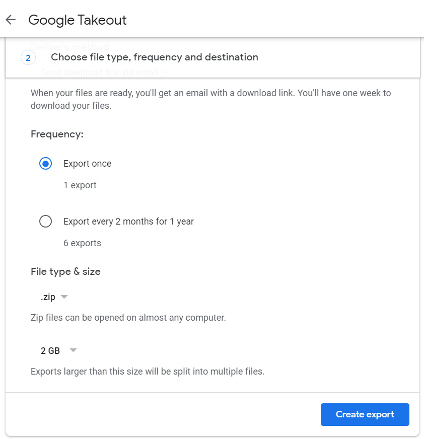 choose delivery method, frequency and file type