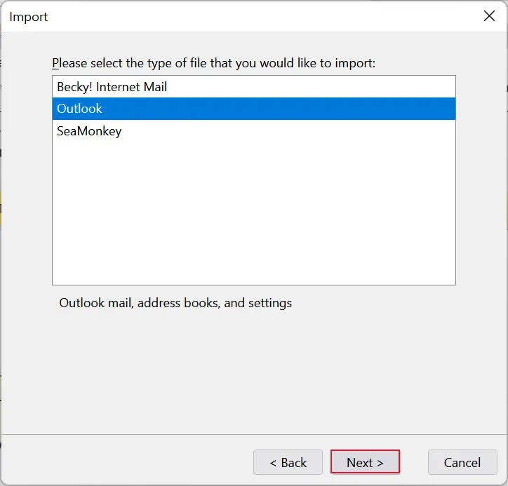 export outlook mailbox to thunderbird