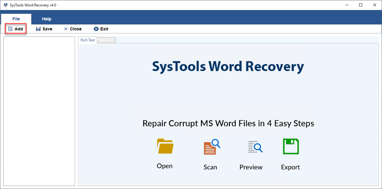 Software dashboard to repair word file