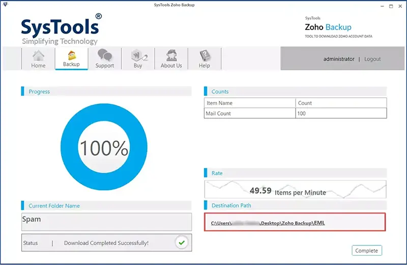 delete email from zoho mail process completed