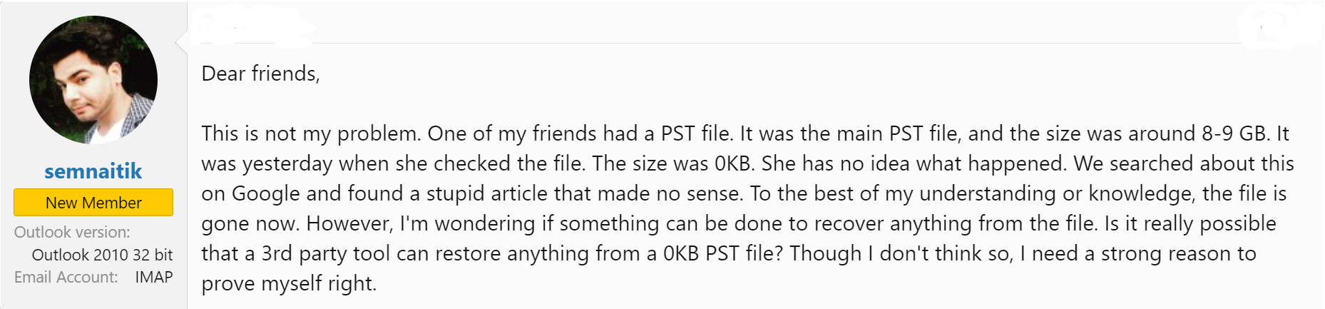 outlook pst file showing 0 kb error user query