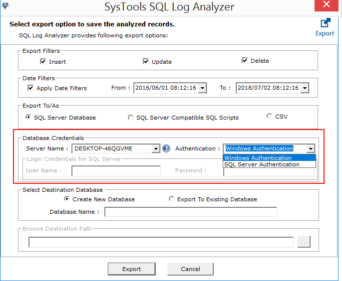 enter database credentials