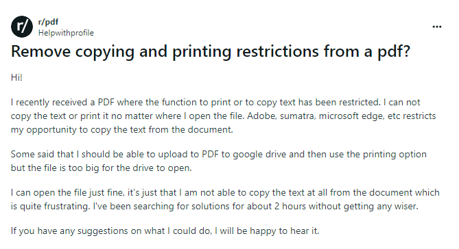 user query remove printing permission from PDF
