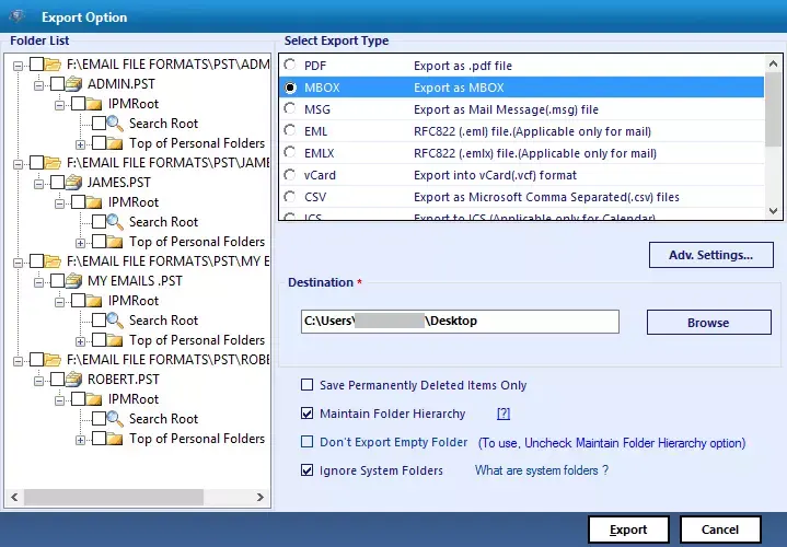 select mbox format