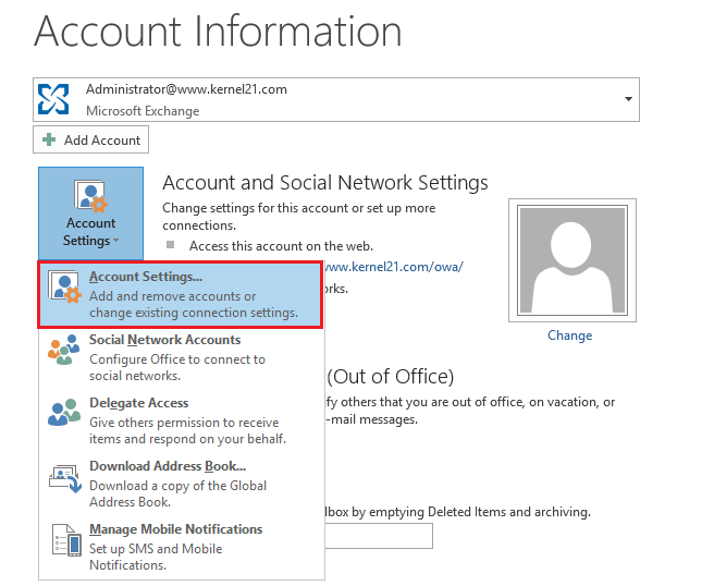 outlook account settings