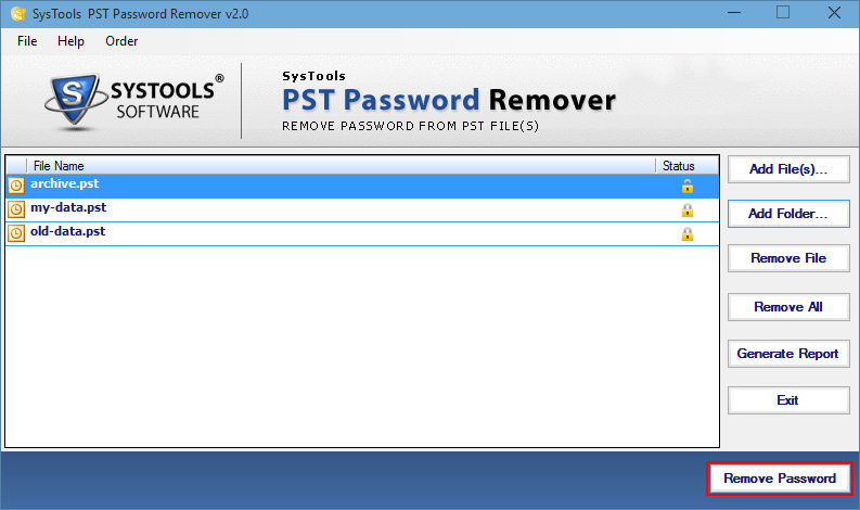 reset pst file password