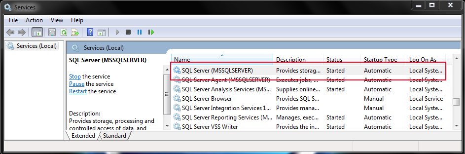 SQL Server Running Status to solve SQL server does not exist or access denied windows 10 Error