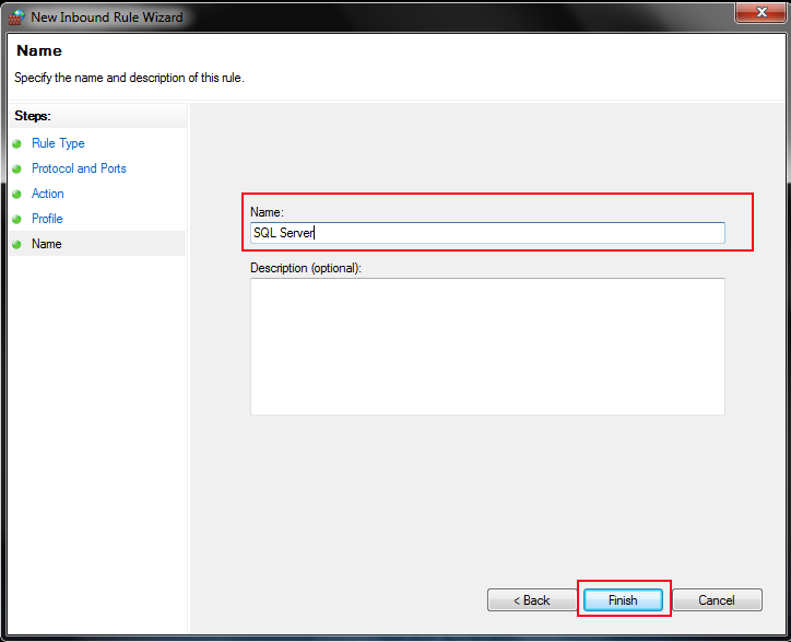 Enter Server Name & Finish to solve SQL server does not exist or access denied error 