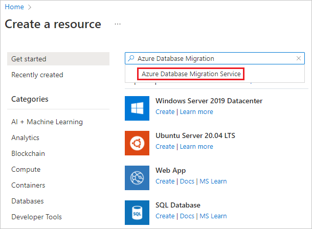 search azure database migration service