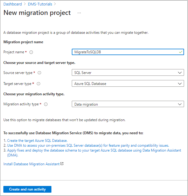 Enter details to migrate SQL server to Azure