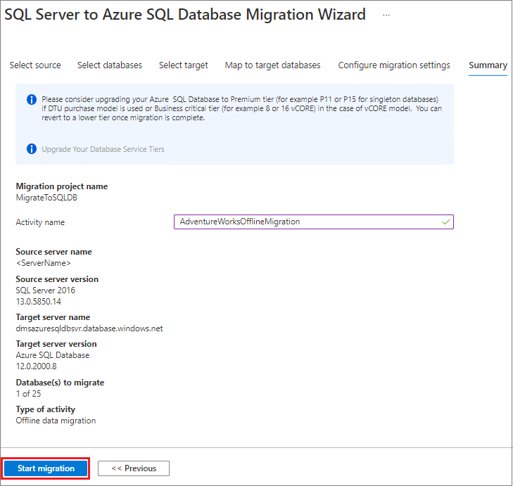 Click on the Start migration to migrate SQL server to Azure